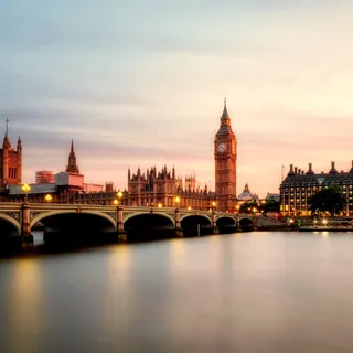 The London skyline and Westminster Bridge at sunset